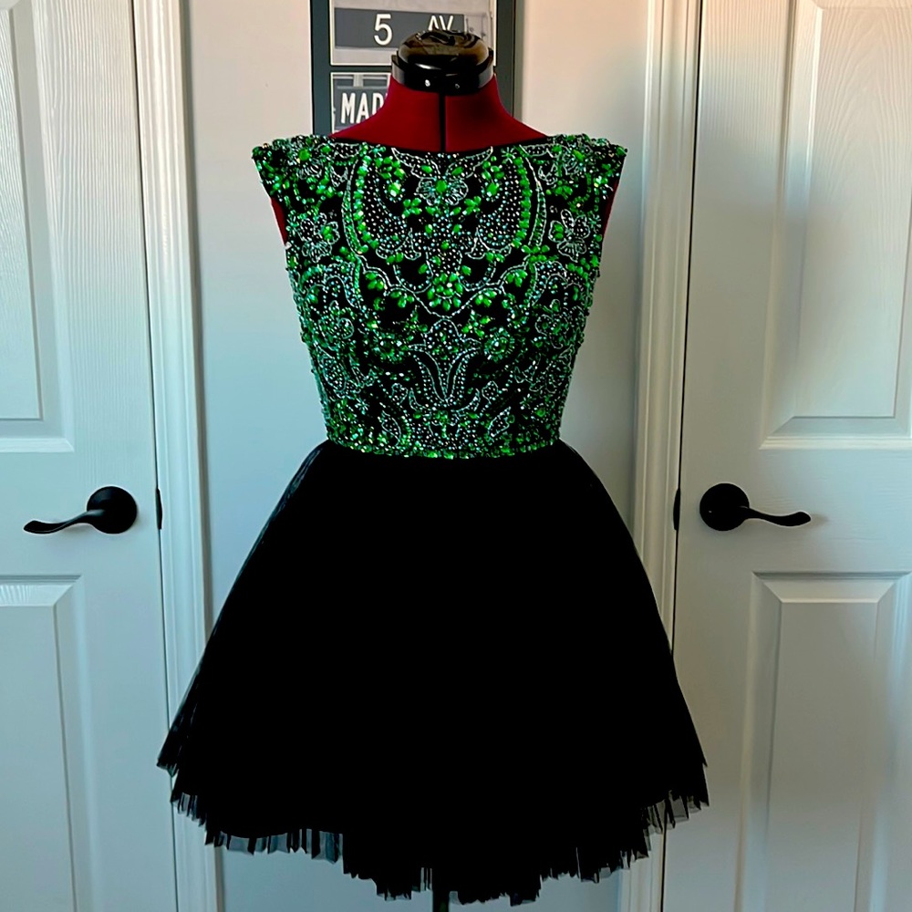 Sherri Hill Green and Black Beaded Prom Dress